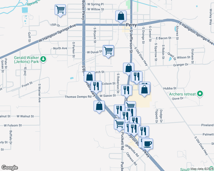 map of restaurants, bars, coffee shops, grocery stores, and more near 1605 South Woodard Street in Perry