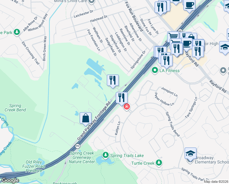 map of restaurants, bars, coffee shops, grocery stores, and more near 2105 Riley Fuzzel Road in Spring