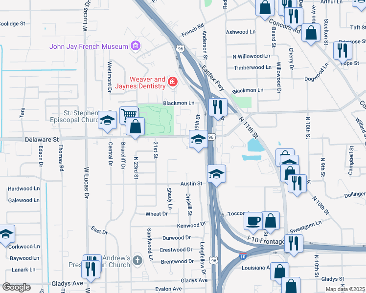 map of restaurants, bars, coffee shops, grocery stores, and more near 3565 Delaware Street in Beaumont