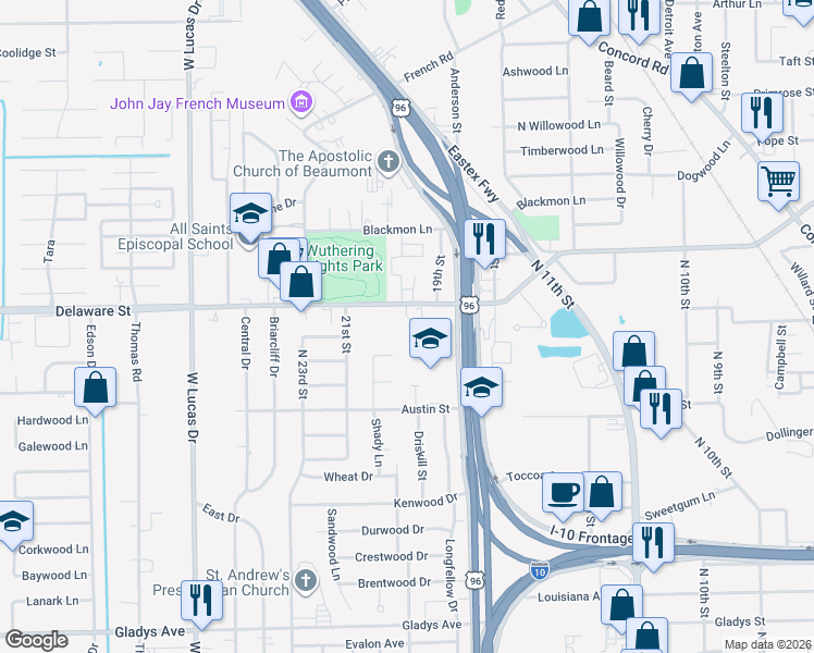map of restaurants, bars, coffee shops, grocery stores, and more near 3565 Delaware Street in Beaumont