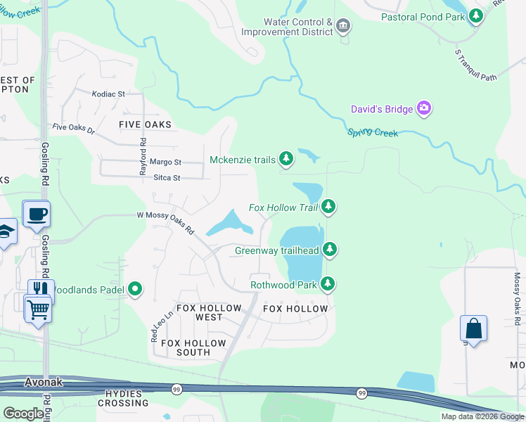 map of restaurants, bars, coffee shops, grocery stores, and more near 4902 Lagos Lagoon Way in Spring