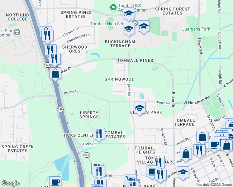 map of restaurants, bars, coffee shops, grocery stores, and more near 1331 Serene Trail in Tomball