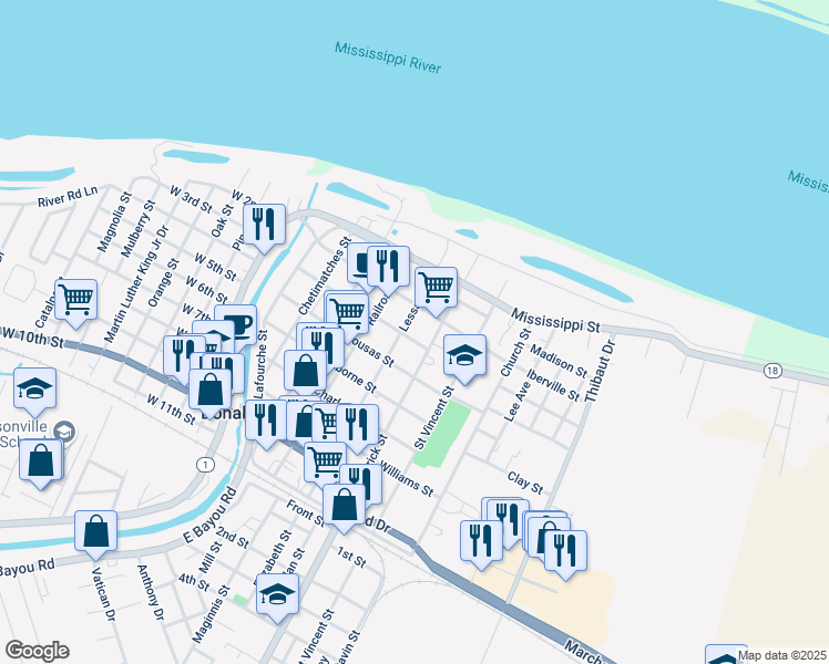 map of restaurants, bars, coffee shops, grocery stores, and more near 507 Nicholls Street in Donaldsonville