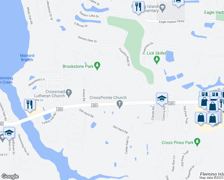 map of restaurants, bars, coffee shops, grocery stores, and more near 1623 Rustling Drive in Fleming Island