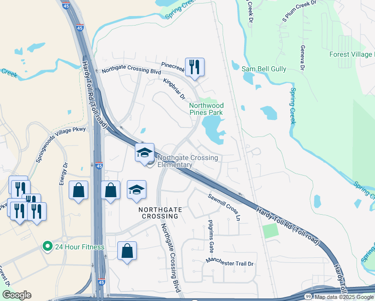 map of restaurants, bars, coffee shops, grocery stores, and more near 23550 Northgate Crossing Boulevard in Spring