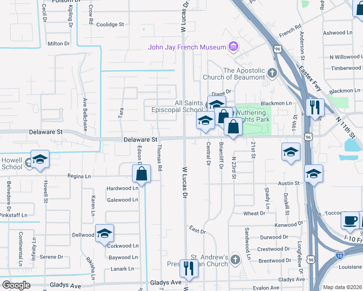 map of restaurants, bars, coffee shops, grocery stores, and more near 2328 West Lucas Drive in Beaumont