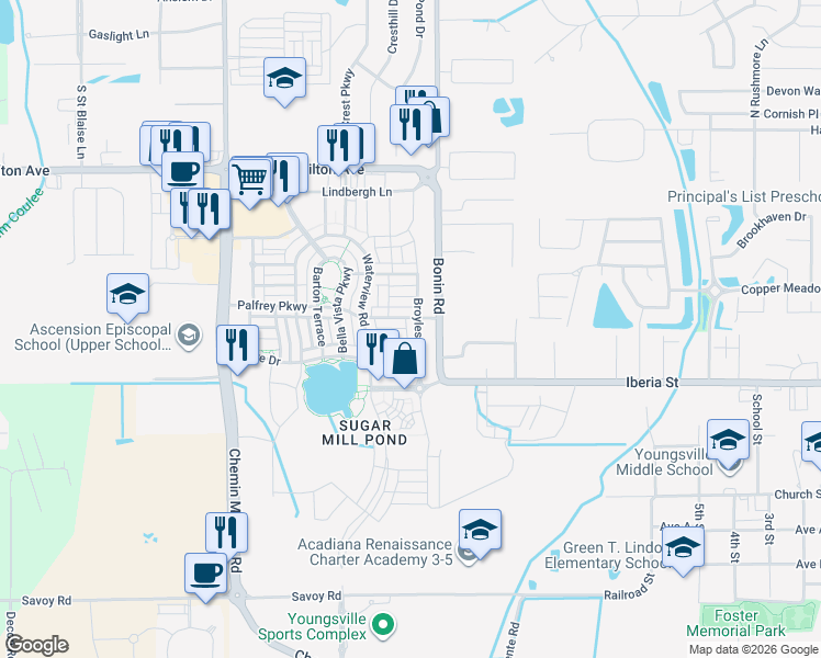 map of restaurants, bars, coffee shops, grocery stores, and more near 104 Gaunt Lane in Youngsville