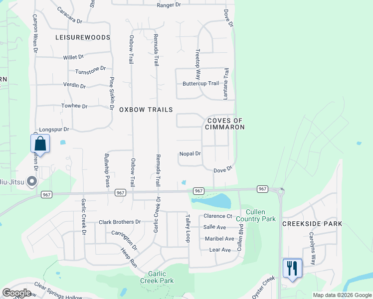 map of restaurants, bars, coffee shops, grocery stores, and more near 127 Nopal Drive in Buda