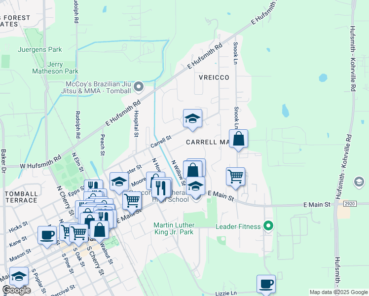 map of restaurants, bars, coffee shops, grocery stores, and more near 608 Moore Street in Tomball