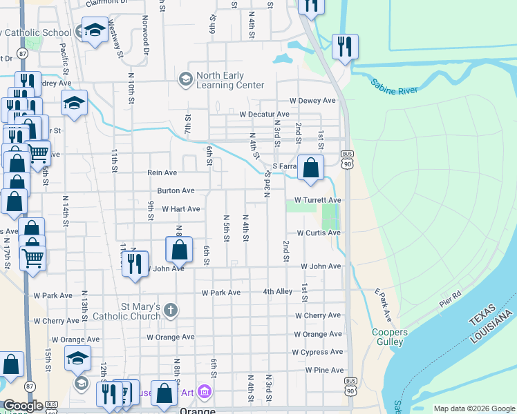 map of restaurants, bars, coffee shops, grocery stores, and more near 1308 North 4th Street in Orange