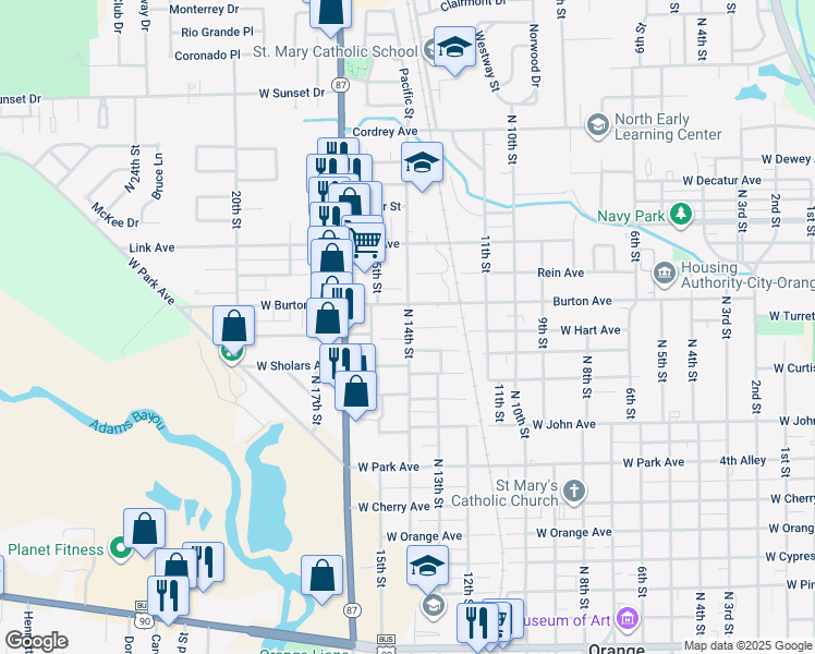 map of restaurants, bars, coffee shops, grocery stores, and more near 1507 West Hart Avenue in Orange