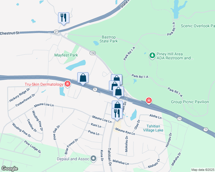 map of restaurants, bars, coffee shops, grocery stores, and more near 3950 Texas 71 in Bastrop
