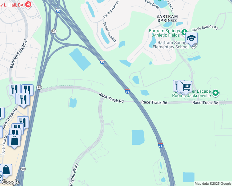 map of restaurants, bars, coffee shops, grocery stores, and more near 5717 Race Track Road in Saint Johns