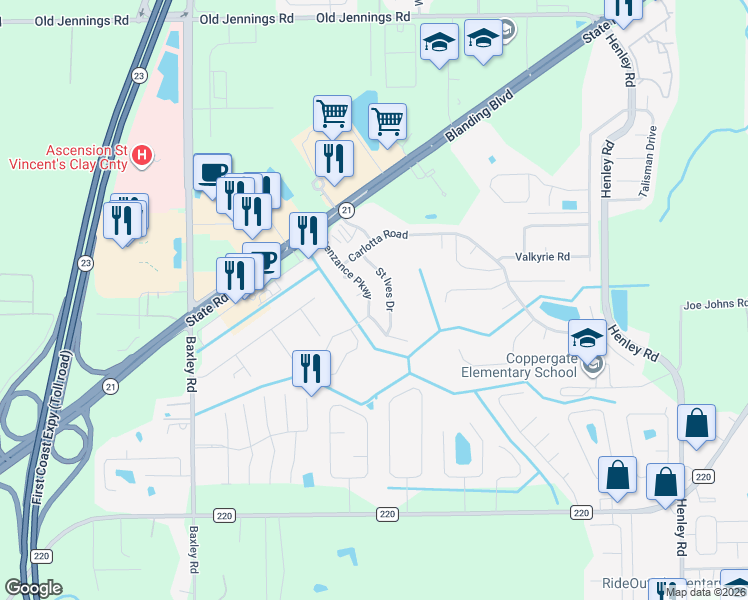 map of restaurants, bars, coffee shops, grocery stores, and more near 1764 Penzance Parkway in Middleburg