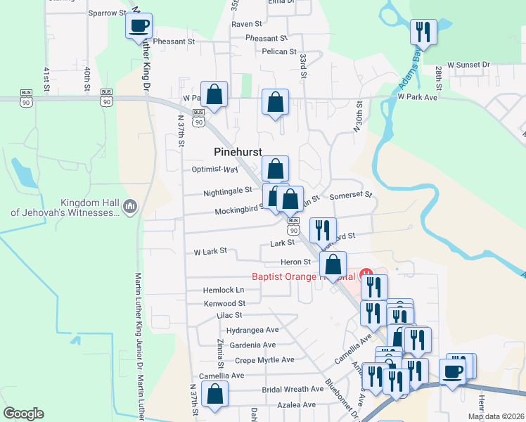 map of restaurants, bars, coffee shops, grocery stores, and more near 3428 Martin Street in Orange
