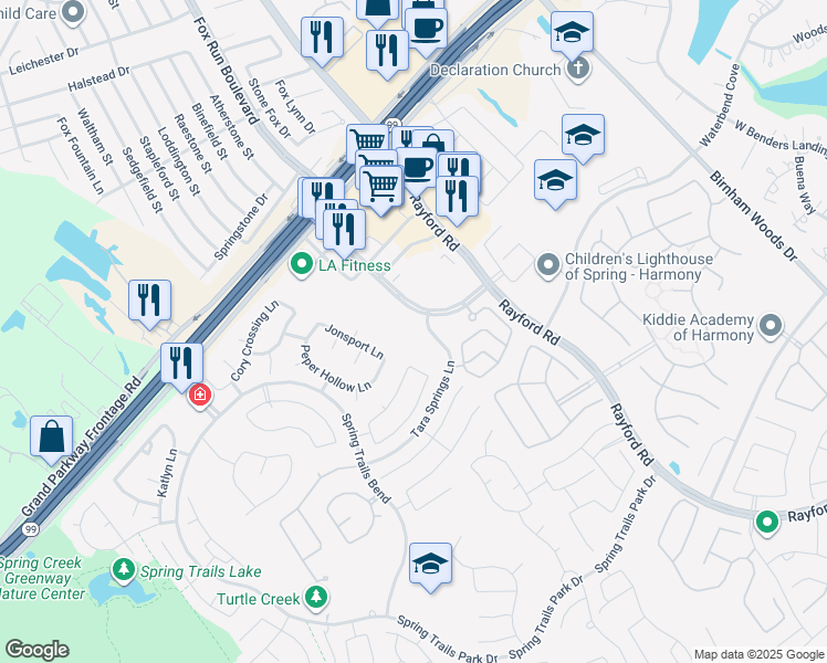 map of restaurants, bars, coffee shops, grocery stores, and more near 3530 Discovery Creek Boulevard in Spring