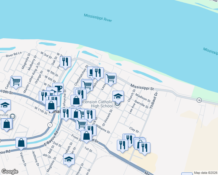 map of restaurants, bars, coffee shops, grocery stores, and more near 604 Iberville Street in Donaldsonville