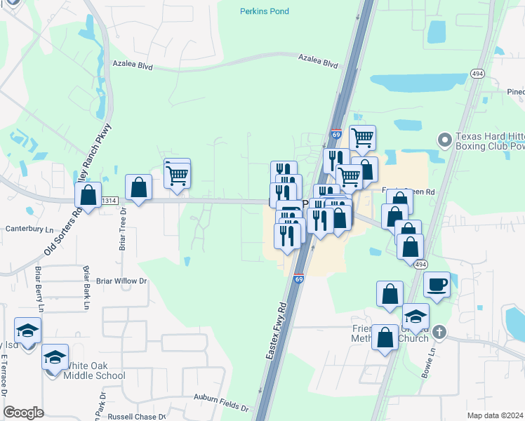 map of restaurants, bars, coffee shops, grocery stores, and more near 24540 Farm to Market Road 1314 in Porter