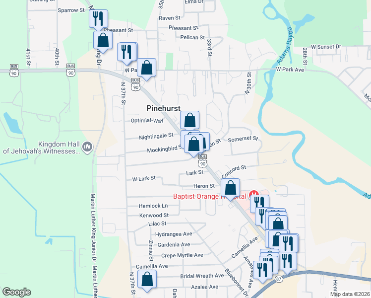 map of restaurants, bars, coffee shops, grocery stores, and more near 3428 Martin Street in Orange