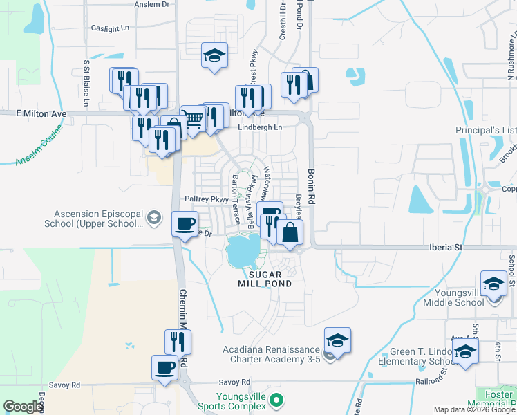 map of restaurants, bars, coffee shops, grocery stores, and more near 301 Palfrey Parkway in Youngsville