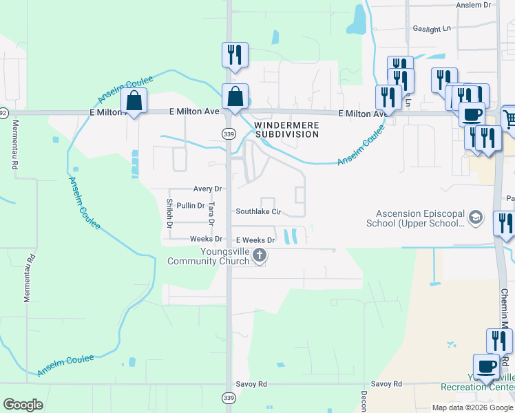 map of restaurants, bars, coffee shops, grocery stores, and more near 113 Twin Lakes Drive in Youngsville