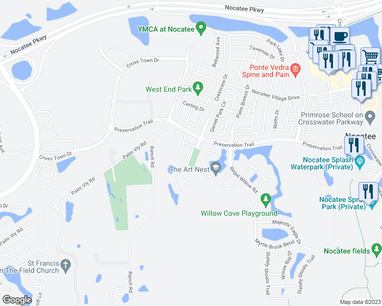 map of restaurants, bars, coffee shops, grocery stores, and more near 33 Magnolia Creek Walk in Ponte Vedra Beach