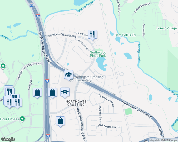 map of restaurants, bars, coffee shops, grocery stores, and more near 23550 Northgate Crossing Boulevard in Spring