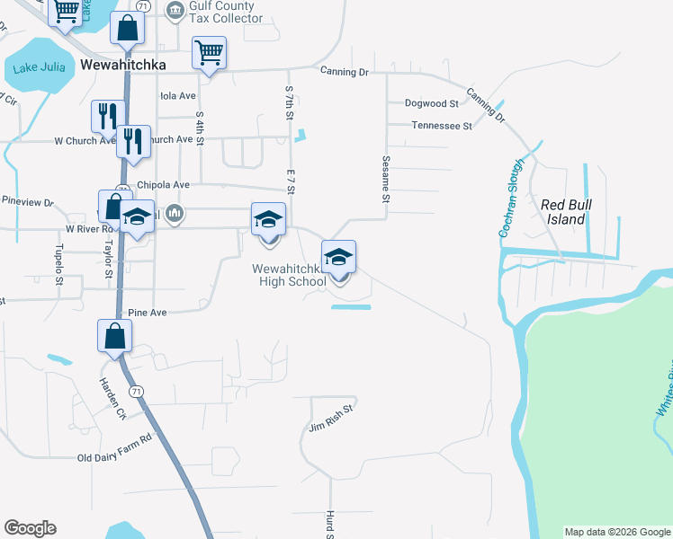 map of restaurants, bars, coffee shops, grocery stores, and more near Gator Circle in Wewahitchka