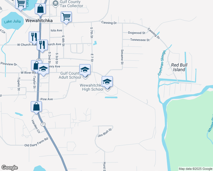 map of restaurants, bars, coffee shops, grocery stores, and more near Gator Circle in Wewahitchka