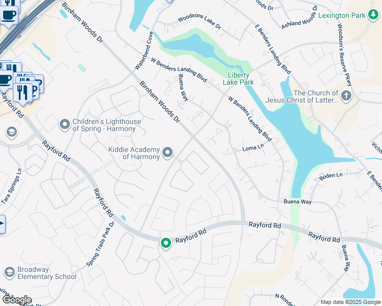 map of restaurants, bars, coffee shops, grocery stores, and more near 3619 Concordance Drive in Spring