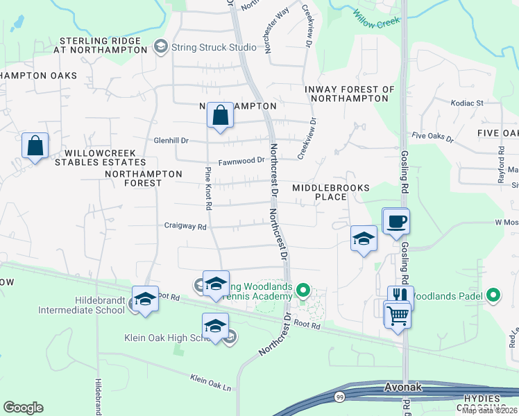 map of restaurants, bars, coffee shops, grocery stores, and more near 6206 Darby Way in Spring
