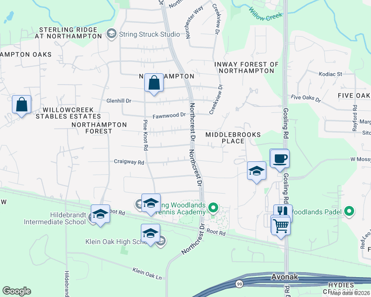 map of restaurants, bars, coffee shops, grocery stores, and more near 6206 Darby Way in Spring