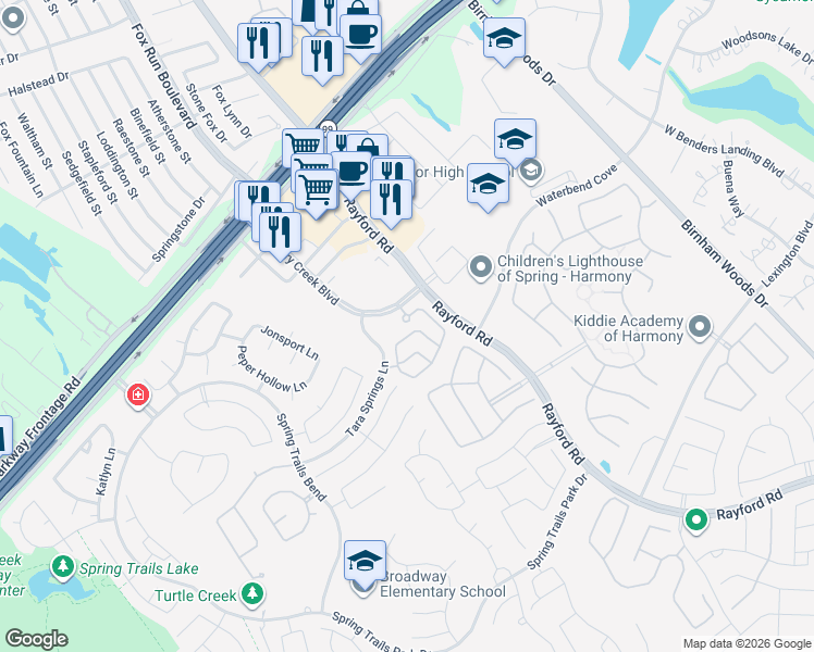map of restaurants, bars, coffee shops, grocery stores, and more near 3142 Harmony Meadows Lane in Spring
