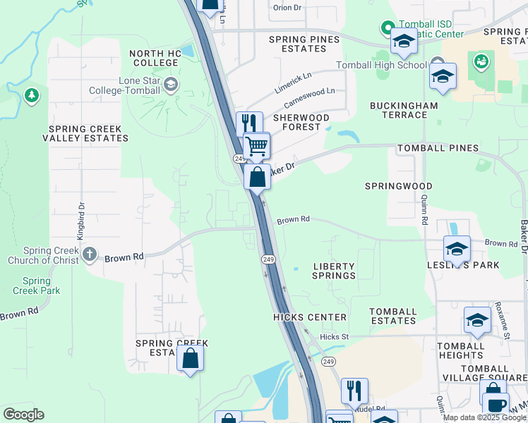 map of restaurants, bars, coffee shops, grocery stores, and more near 29809 State Highway 249 in Tomball