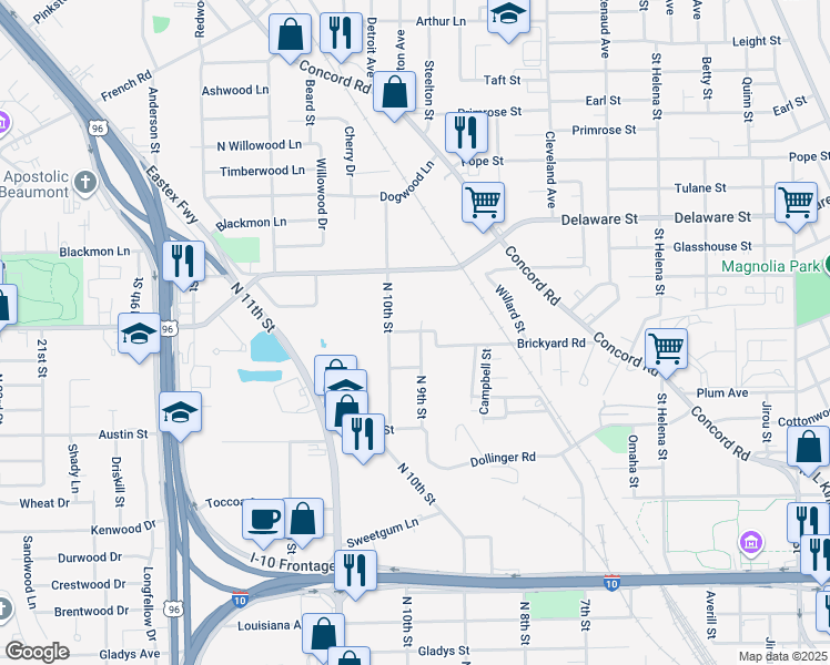 map of restaurants, bars, coffee shops, grocery stores, and more near 2650 Brickyard Road in Beaumont