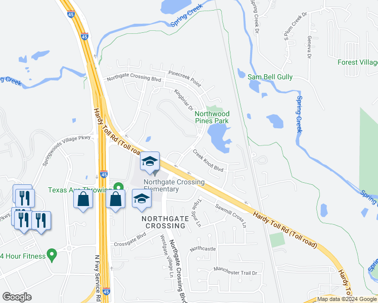 map of restaurants, bars, coffee shops, grocery stores, and more near 23552 Northgate Crossing Boulevard in Spring