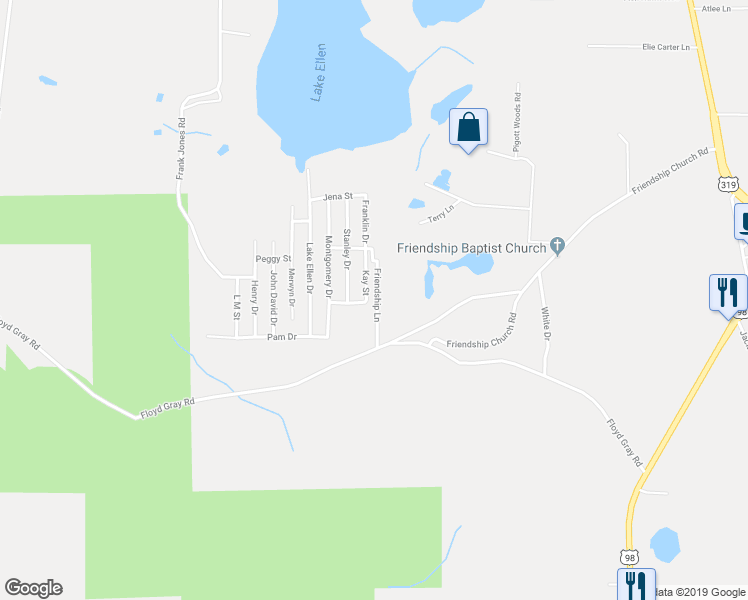 map of restaurants, bars, coffee shops, grocery stores, and more near 83 Franklin Drive in Crawfordville