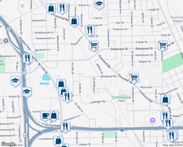 map of restaurants, bars, coffee shops, grocery stores, and more near 2490 Brickyard Road in Beaumont