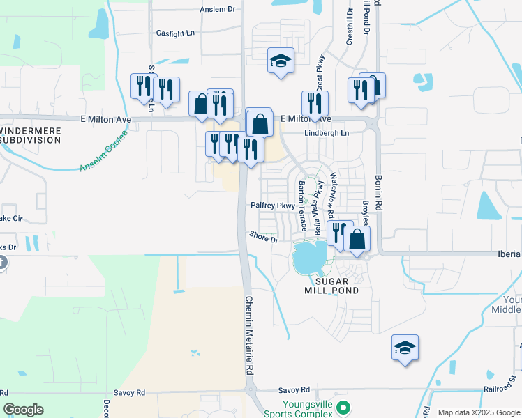 map of restaurants, bars, coffee shops, grocery stores, and more near 304 Annaberg Drive in Youngsville