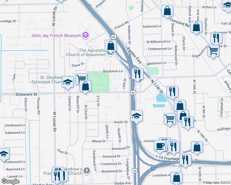 map of restaurants, bars, coffee shops, grocery stores, and more near 3565 Delaware Street in Beaumont