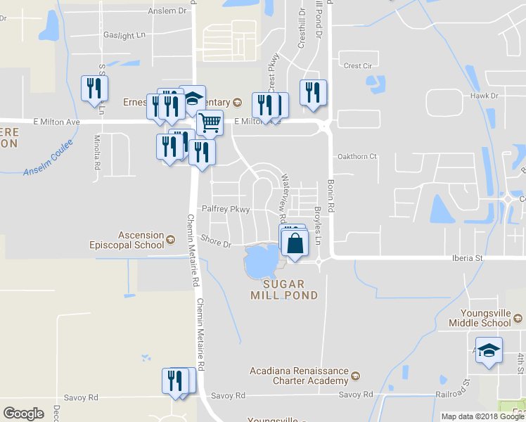 map of restaurants, bars, coffee shops, grocery stores, and more near 401 Palfrey Pkwy in Youngsville