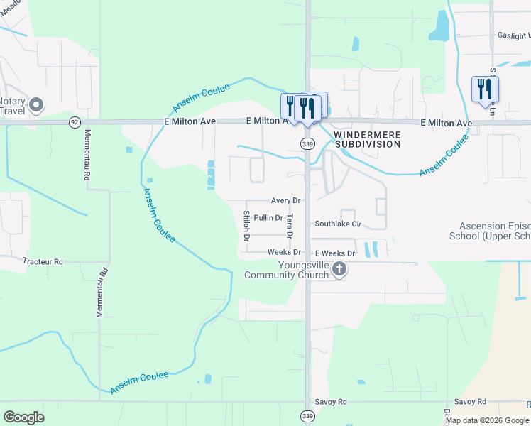 map of restaurants, bars, coffee shops, grocery stores, and more near 113 Avery Drive in Youngsville