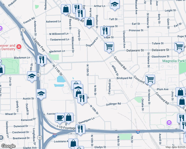 map of restaurants, bars, coffee shops, grocery stores, and more near 2650 Brickyard Road in Beaumont