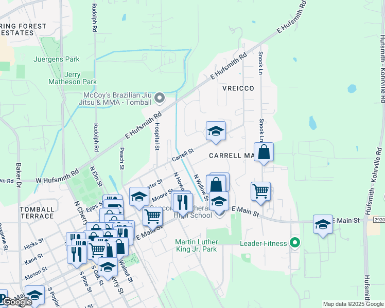 map of restaurants, bars, coffee shops, grocery stores, and more near 629b Carrell Street in Tomball