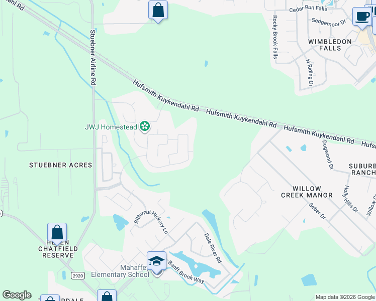 map of restaurants, bars, coffee shops, grocery stores, and more near Umbrella Pine Drive in Harris County