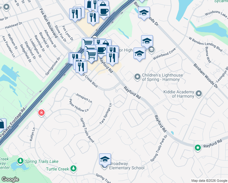 map of restaurants, bars, coffee shops, grocery stores, and more near 3559 Discovery Creek Boulevard in Spring