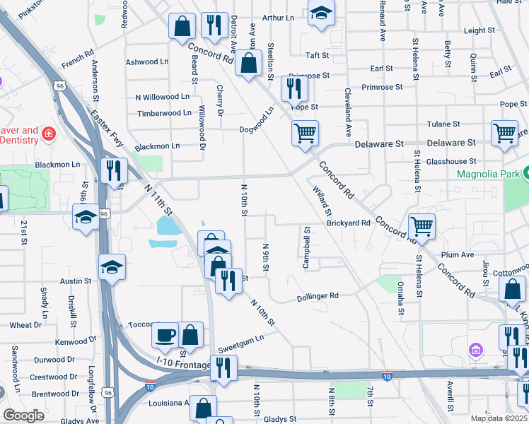 map of restaurants, bars, coffee shops, grocery stores, and more near 2650 Brickyard Road in Beaumont