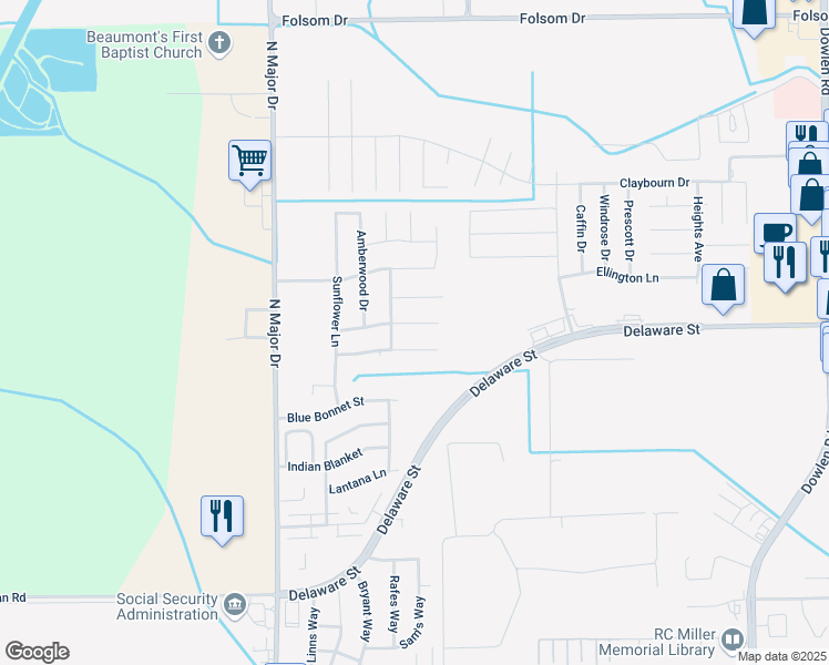map of restaurants, bars, coffee shops, grocery stores, and more near 7780 Windchase Drive in Beaumont