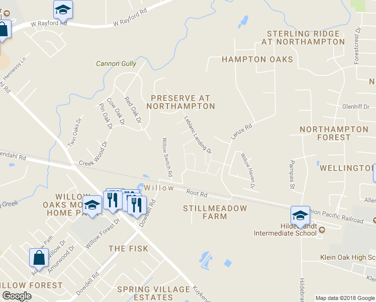 map of restaurants, bars, coffee shops, grocery stores, and more near 7422 Fairview Glen Drive in Spring