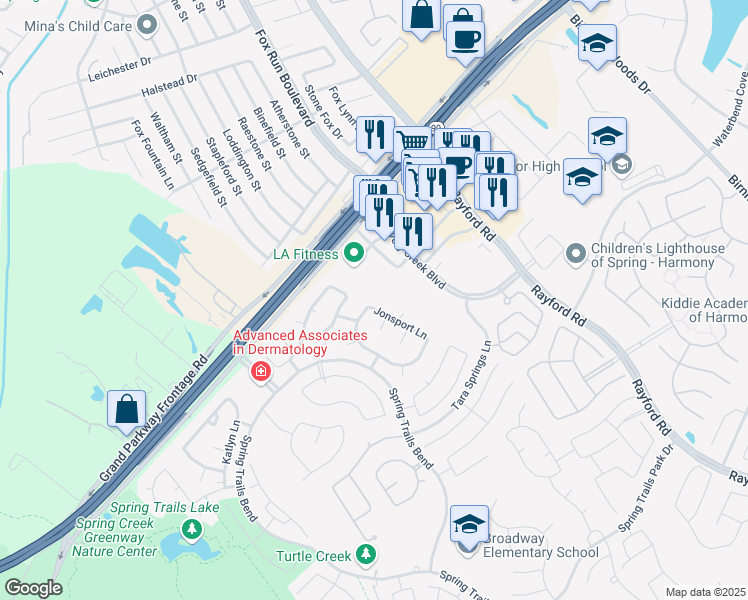 map of restaurants, bars, coffee shops, grocery stores, and more near 28426 Jonsport Ln in Spring